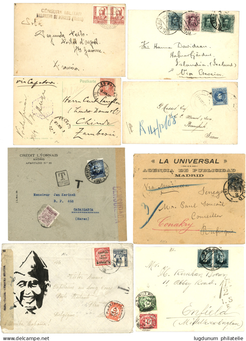 SPAIN : 1900/37 Lot 12 Covers To SIAM, JERUSALEM, SENEGAL, ZAMBESIA, ICELAND + CENSOR+ TAX. Vf. - Sonstige & Ohne Zuordnung