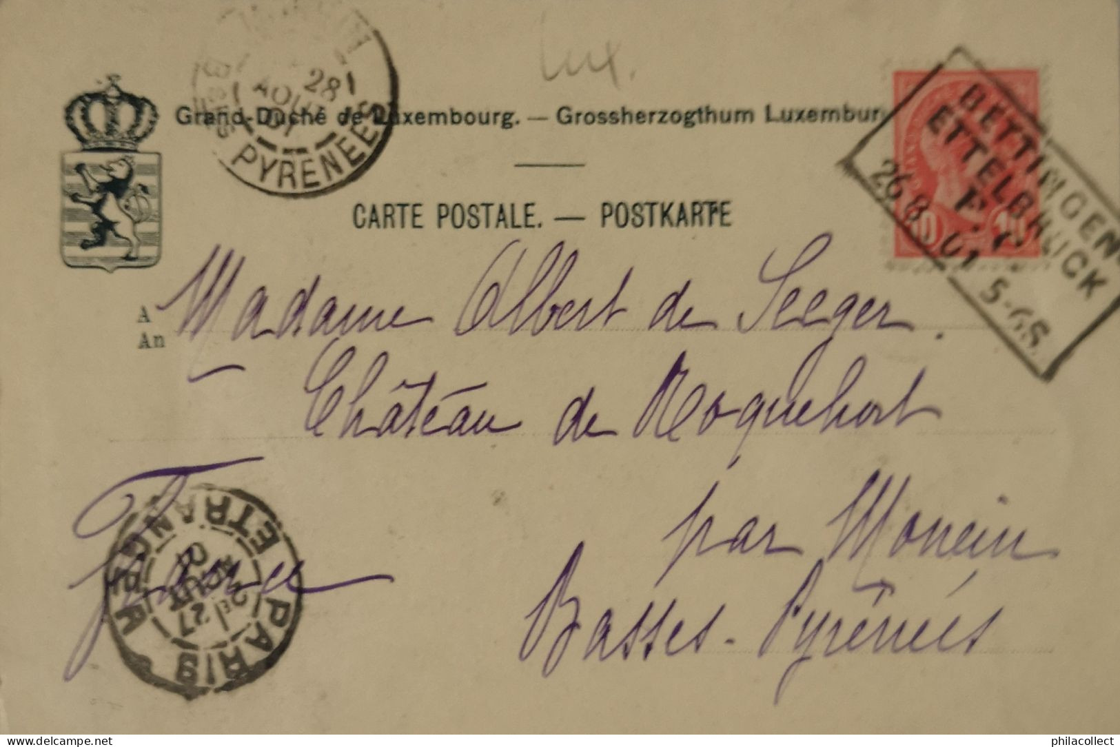 Chateau De Colpach (Luxembourg) Mr. De Munkacsy 1901 Bahn Stempel - Pétange