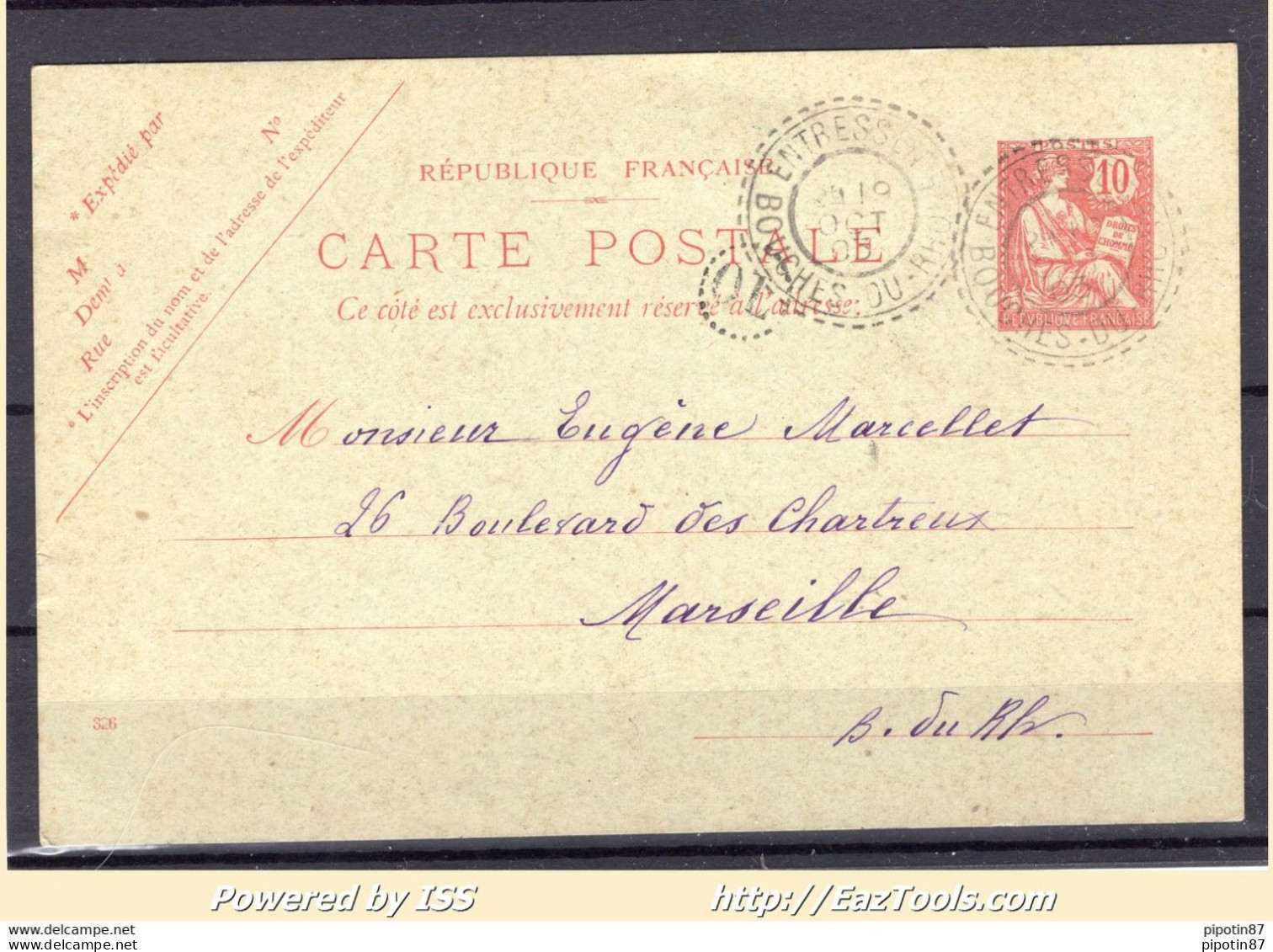 FRANCE CP RICHEMENT DECOREE A LA MAIN AVEC CACHET PERLÉ D'ENTRESSEN DU 19/10/1903 - Standaardpostkaarten En TSC (Voor 1995)