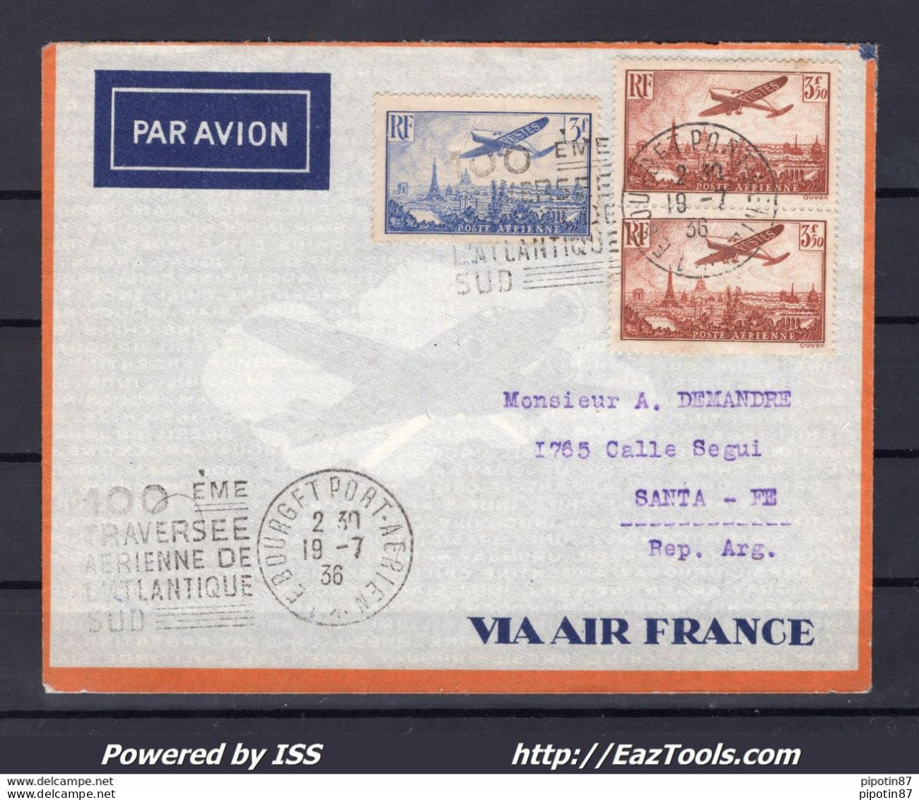 FRANCE LETTRE PAR AVION TARIF 10Fr DONT PAIRE PA N°13 POUR SANTA FE ARGENTINE DU 19/07/1936 - Lettres & Documents