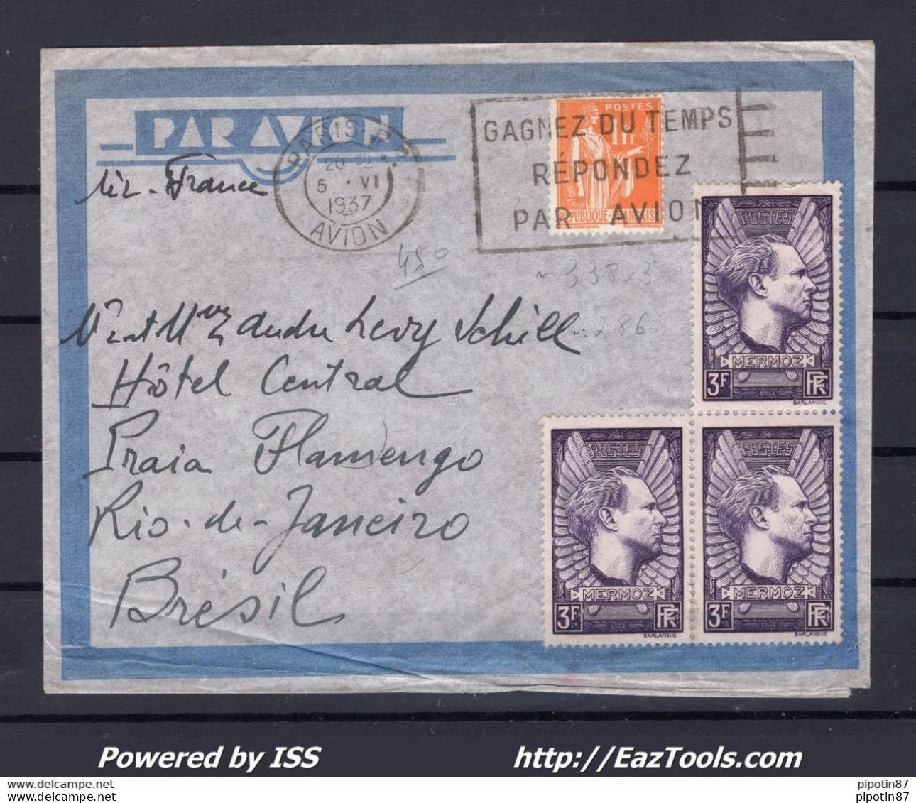 FRANCE LETTRE PAR AVION TARIF 10Fr POUR RIO DE JANEIRO BRESIL DU 05/06/1937 - Briefe U. Dokumente