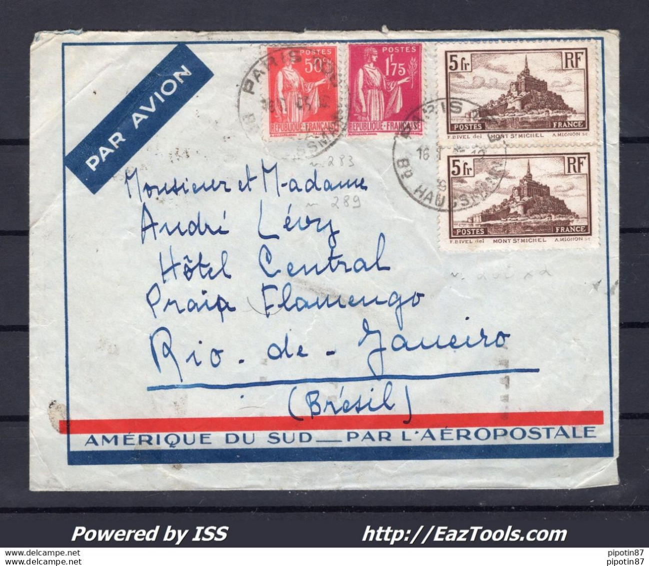 FRANCE LETTRE PAR AVION TARIF 12.25Fr POUR RIO DE JANEIRO BRESIL DU 25/12/1937 - Lettres & Documents