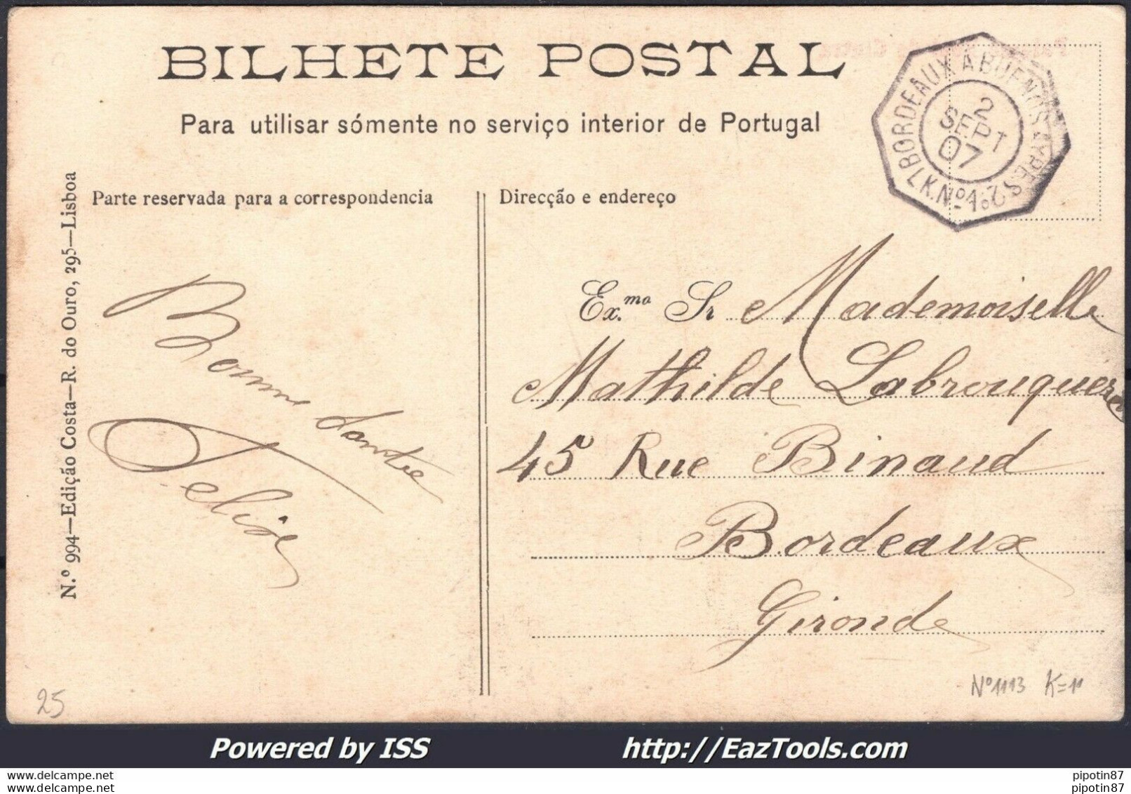 FRANCE CP N°137 CACHET OCTOGONAL BORDEAUX A BUENOS AYRES 2° LK N°4 DU 02/09/1907 - Lettres & Documents