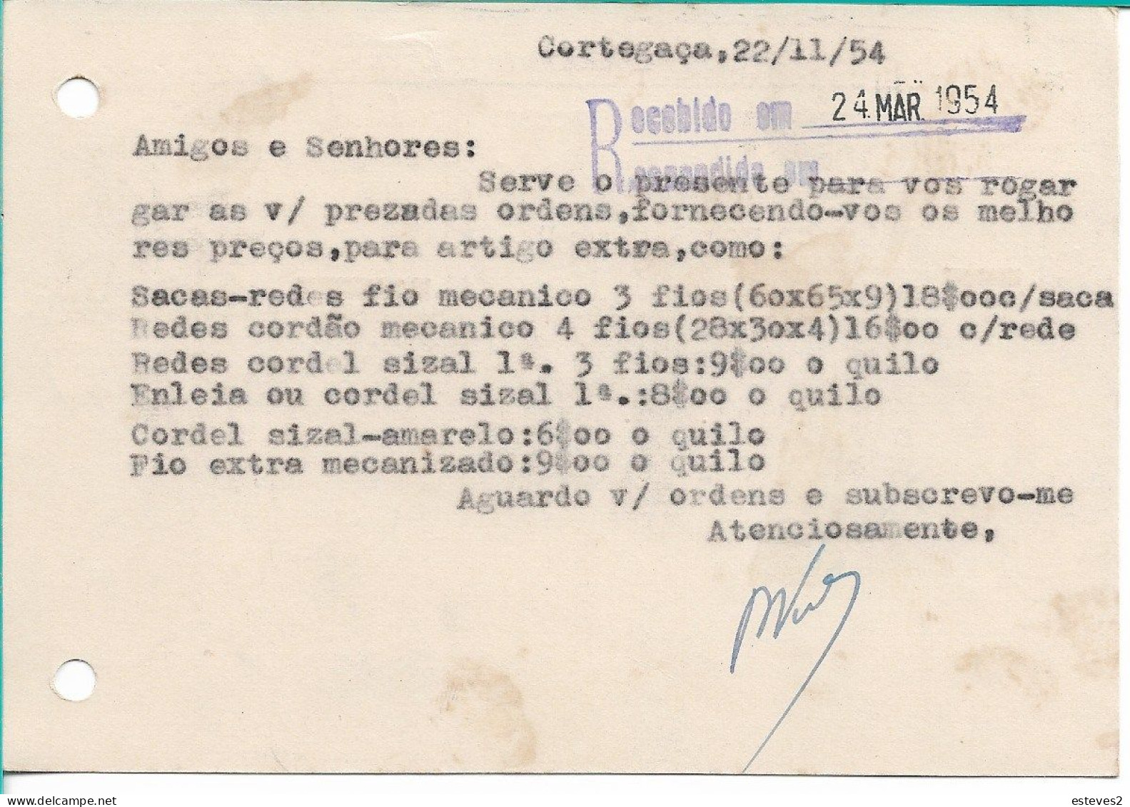 Portugal , 1954 ,  B. VIEIRA DE SÁ ,  Cordage And Tapestry , Cortegaça  Postmark , Commercial Mail - Portugal