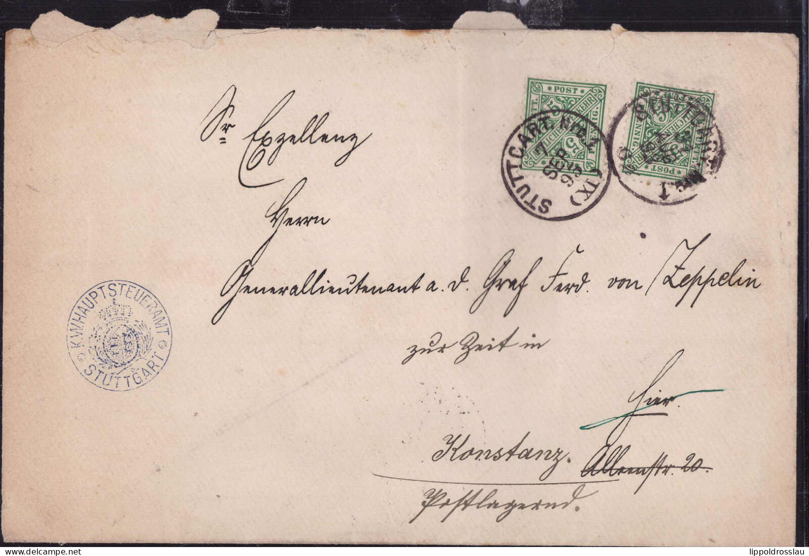 Briefumschlag Adressiert An Den Generalleutnant A.d. Graf Ferd. Von Zeppelin Z.Zt. In Konstanz, Absender Hauptsteueramt  - Sonstige & Ohne Zuordnung