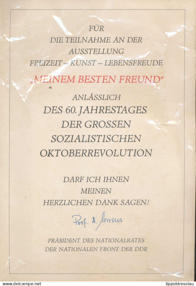 Dankurkunde Für Die Teilnahme An Der Ausstellung Freizeit-Kunst-Lebensfreude "Meinem Besten Freunde" Anläßlich Des 60. J - Non Classés