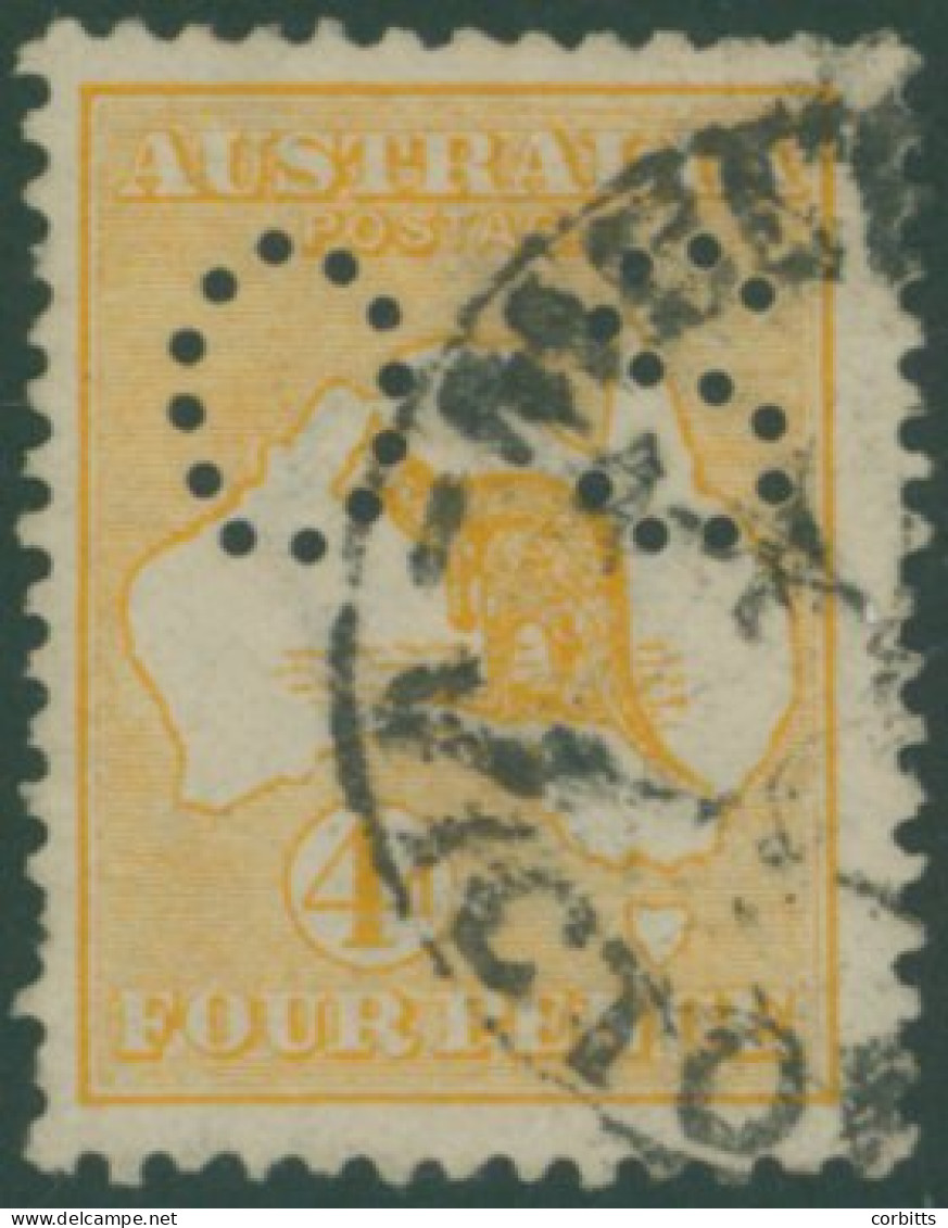 1914 Official 4d Orange Yellow, Punctured Type '02' Centred To Left, Used Example, Couple Of Short Perfs, SG.O21a. (1) C - Andere & Zonder Classificatie