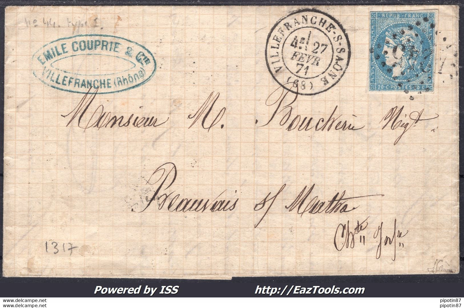 FRANCE N° 44B SUR LETTRE GC 4245 VILLEFRANCHE/SAONE DU 27/02/1871 SIGNÉ BRUN + CERTIFICAT - 1870 Uitgave Van Bordeaux