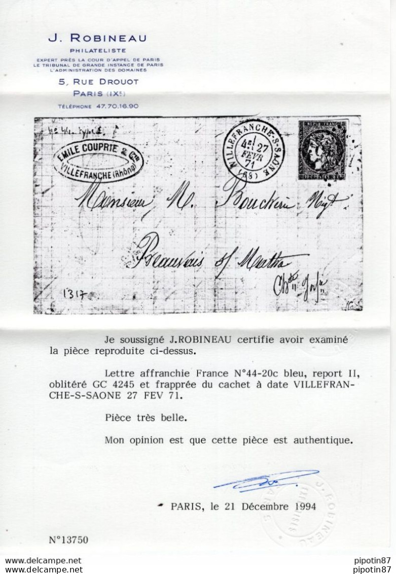 FRANCE N° 44B SUR LETTRE GC 4245 VILLEFRANCHE/SAONE DU 27/02/1871 SIGNÉ BRUN + CERTIFICAT - 1870 Uitgave Van Bordeaux