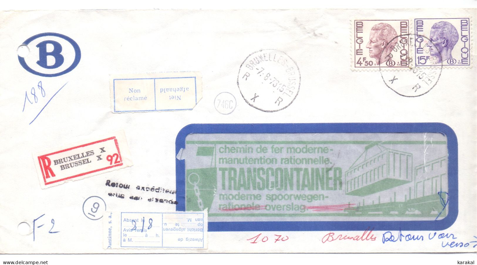 Belgique Service S65 S67 Elström Sur Lettre Recommandée SNCB NMBS De Bruxelles X Vers Forest Non Réclamée Retour 1973 - Covers & Documents