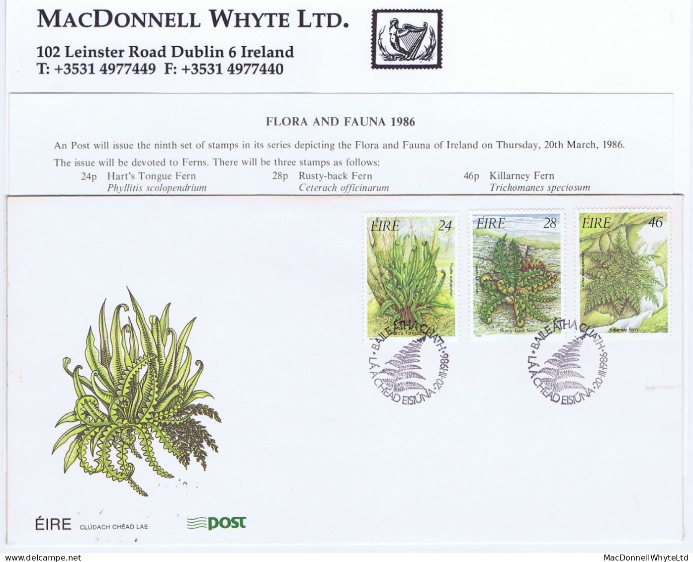 Ireland Ferns 1986 Flora And Fauna Set Of 3 On First Day Cover, Bureau Envelope With Special Cancel 20 III 1986 - FDC