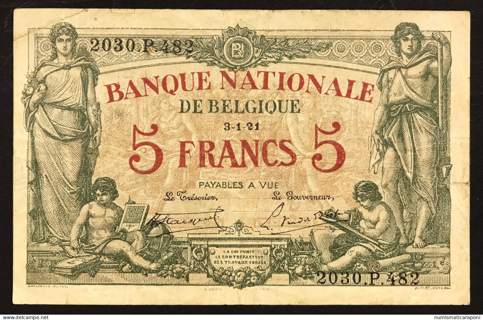 Belgio Belgium Belgique 5 Francs  03 01 1921 Lotto 3874 - 5 Francs