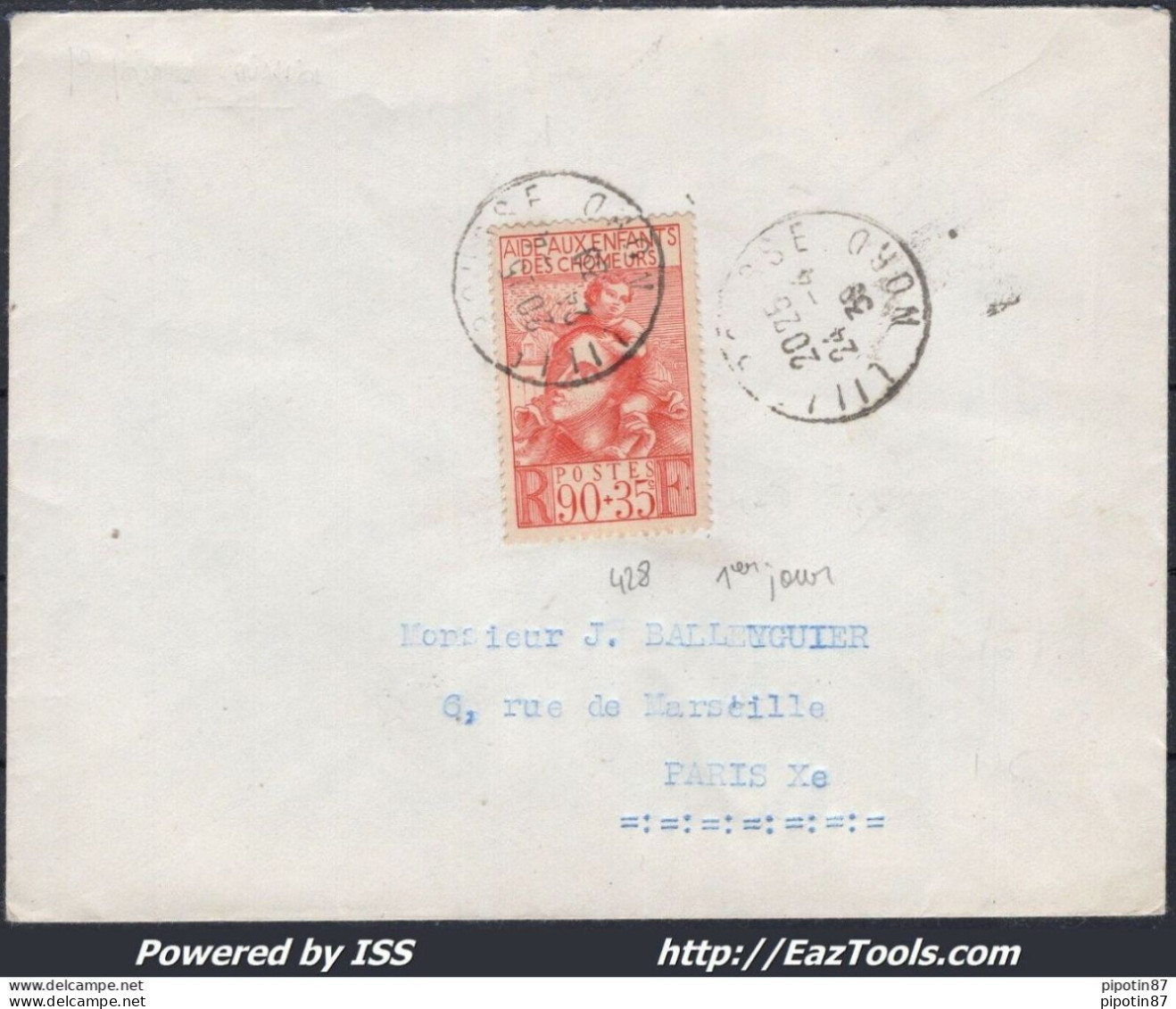 FRANCE N°428 SEUL SUR LETTRE CACHET A DATE DU 24/04/1939 PREMIER JOUR D'EMISSION - Lettres & Documents