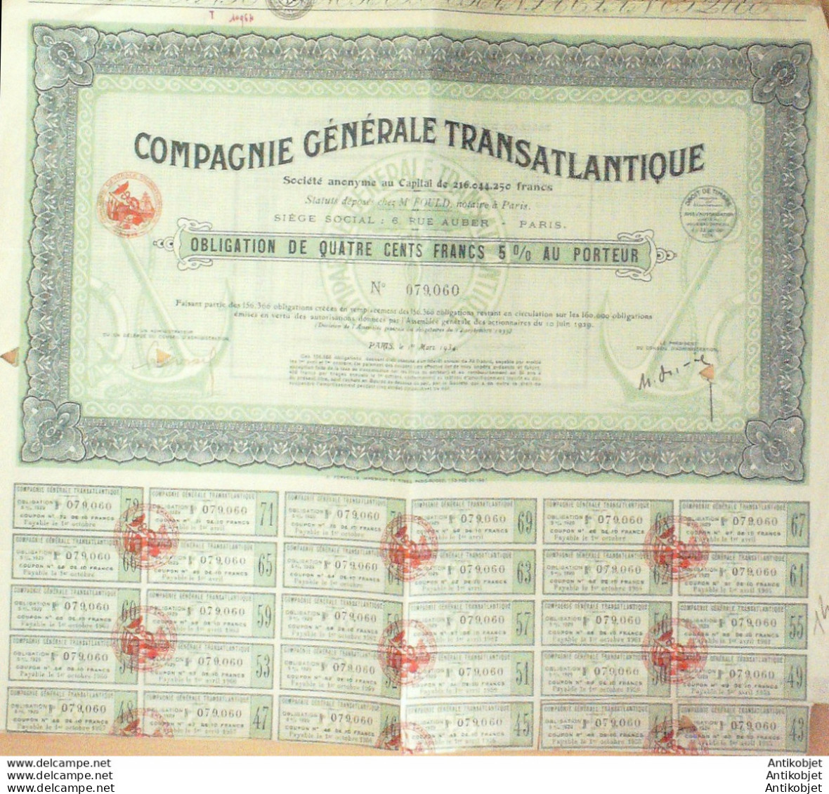 Transatlantique (Cie Génétale) Obligation 400 Fr Paris 1934 - Scheepsverkeer