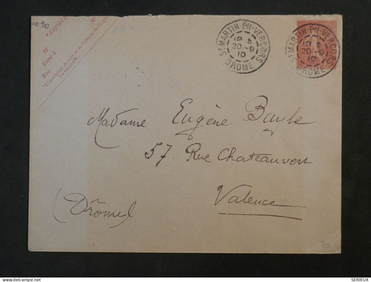 DD16  FRANCE BELLE  LETTRE ENTIER SEMEUSE  1910 ST MARTIN EN VERCORS A VALENCE   +AFF. INTERESSANT++ - Autres & Non Classés