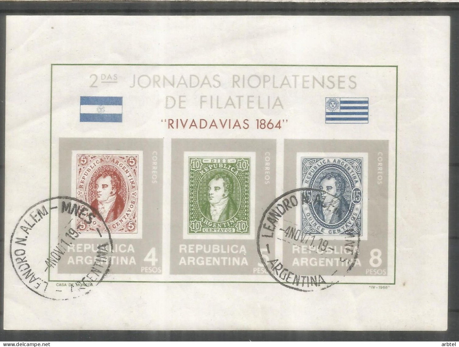 ARGENTINA HOJITA JORNADAS RIOPLATENSES DE FILATELIA 1966 MAT LEANDRO N. ALEMAN - Used Stamps