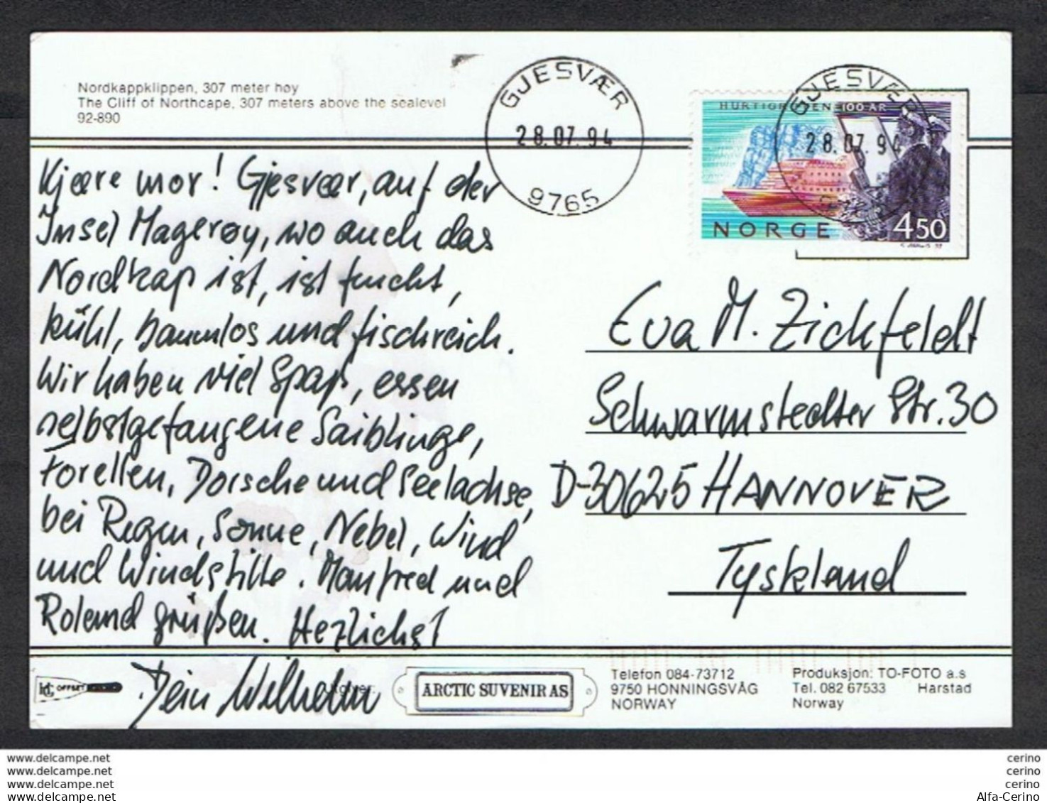 NORWAY: 1994  ILLUSTRATED POSTCARD WITH 4 K.50 (1085) - TO GERMANY - Lettres & Documents