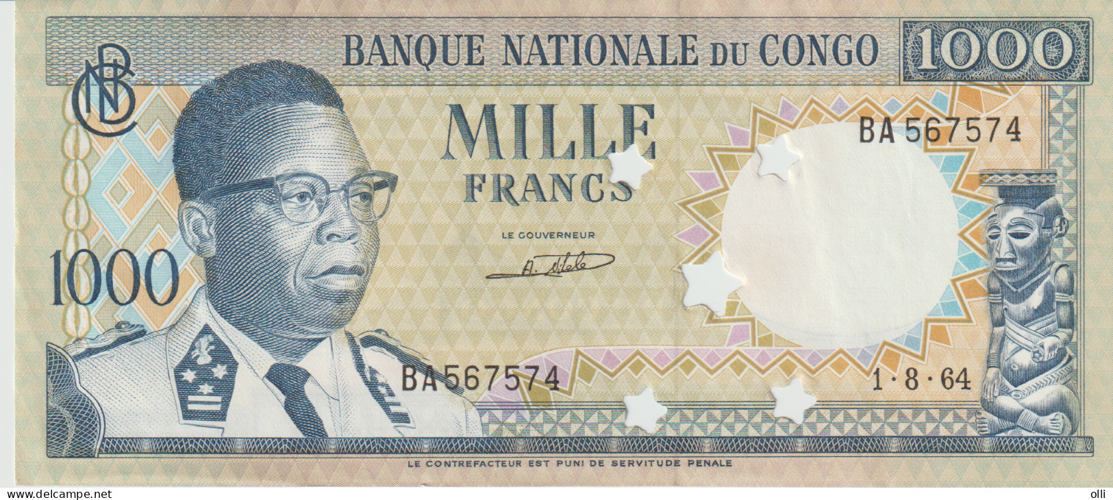 CONGO 1000 FRANCS   PERFORATED STARS DATED 01-08-1964 UNC P8 AU - Democratische Republiek Congo & Zaire