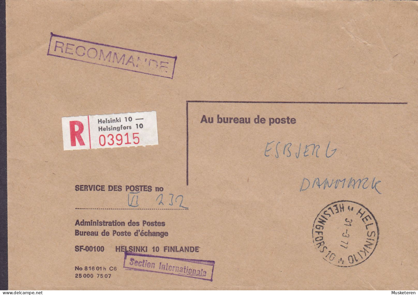 Finland Au Bureau De Poste Boxed (Purple) Recomande Registered Einschreiben Label HELSINKI 1977 Cover Brief ESBJERG - Briefe U. Dokumente