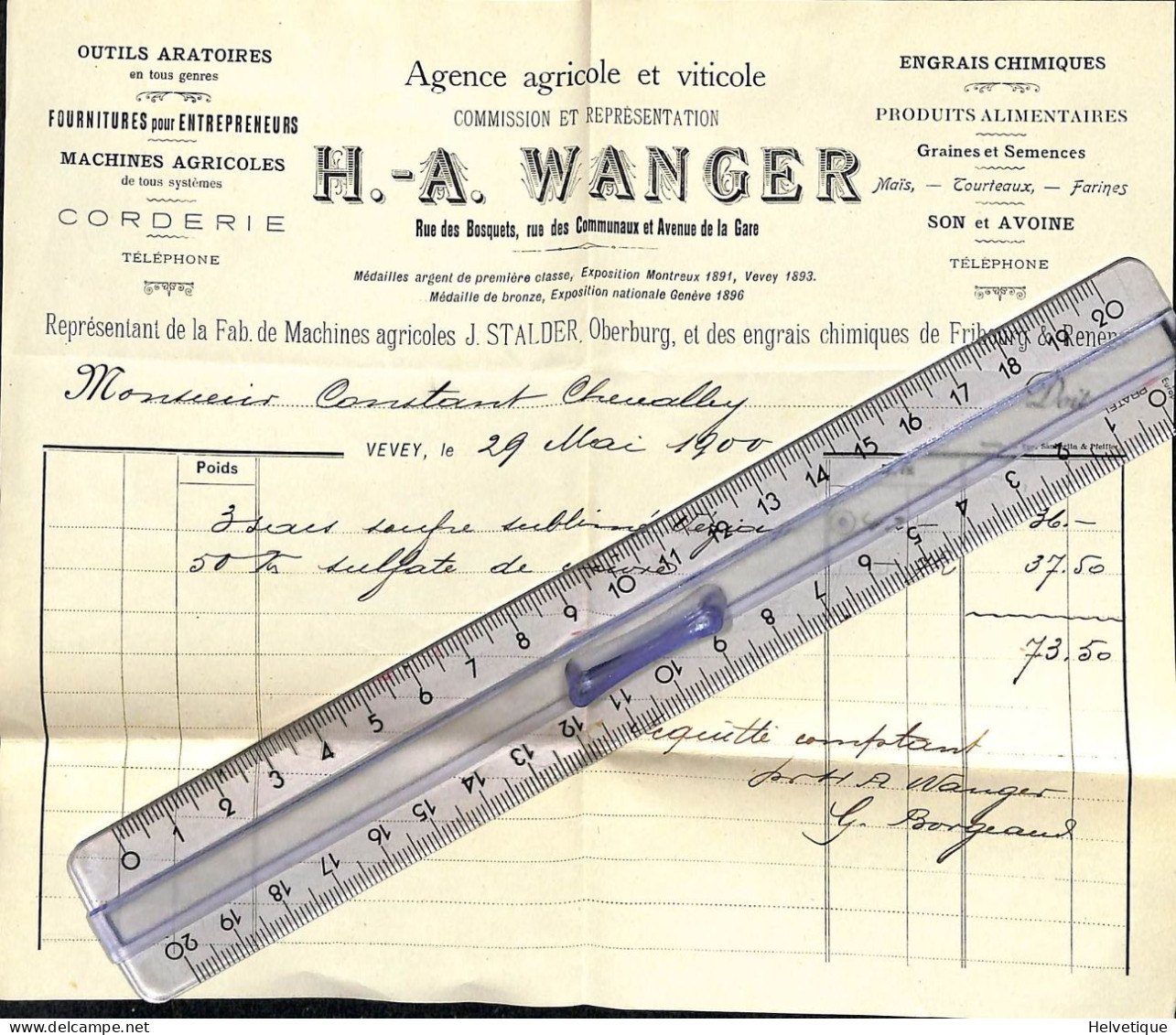 Facture Wanger Vevey Engrais Chimiques Machines Agricoles Corderie Semances - Schweiz