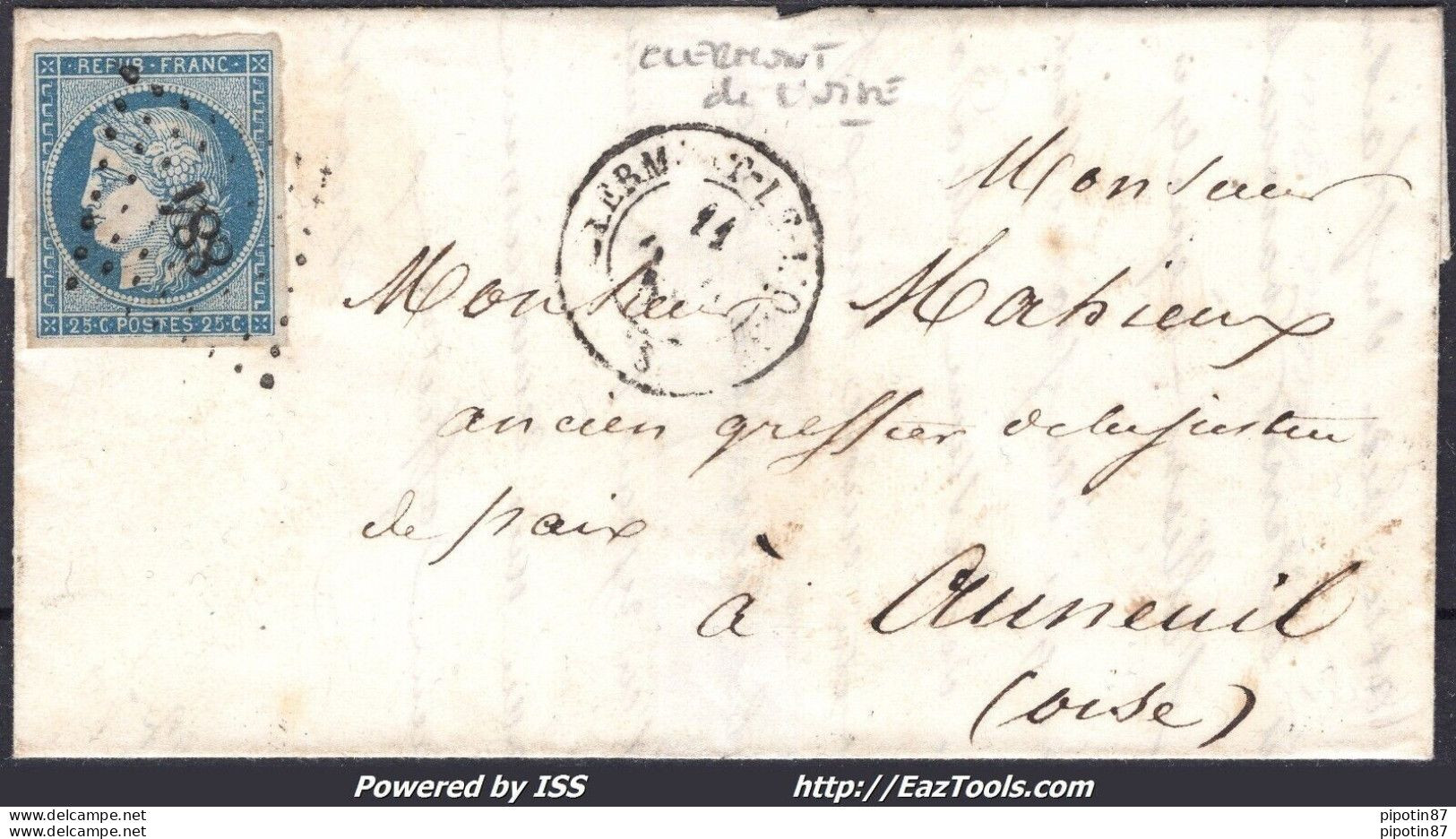 FRANCE N° 4 SUR LETTRE PC 884 CLERMONT DE L'OISE + CACHET A DATE DU 11/07/1852 - 1849-1850 Ceres