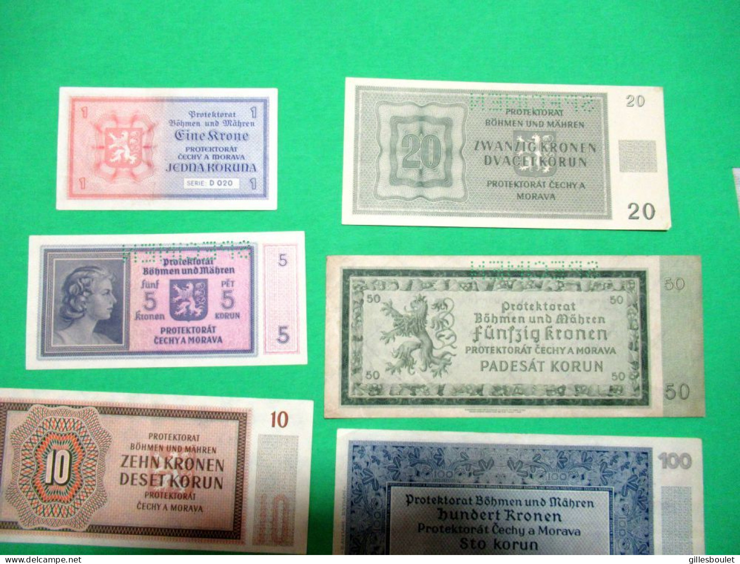 6 Billets. Allemagne Protektorat Tchécoslovaquie 1940-45. Plusieurs Spécimens. Rares Billets. Voir Description Complète. - Collezioni