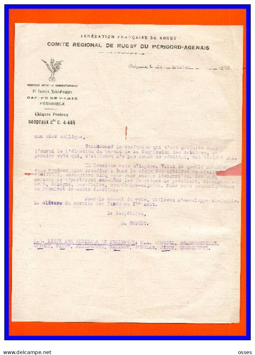 DEUX Documents FFR1955 Et  Comité Du Périgord Agenais1922 (rectos Versos) - Rugby