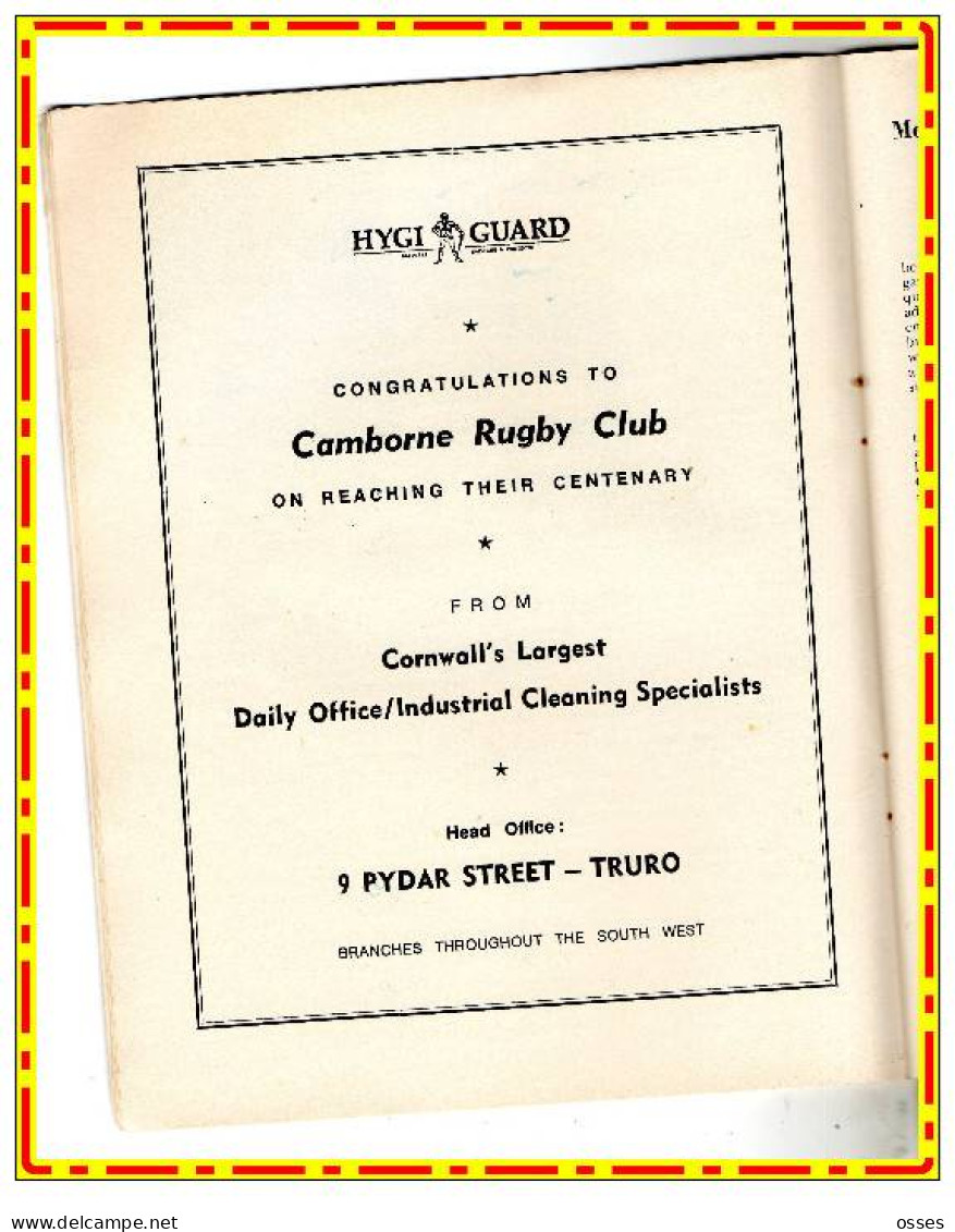 - CAMBORNE R.F.C. CENTENARY PROGRAMME 1878-1978-(92 pages).(recto versos)