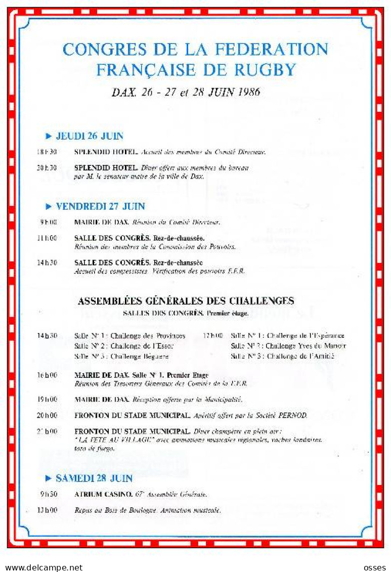 F.F.Rugby 67eme Assemblée Générale DAX les 26.27.et 28 Juin 1986 (40 pages rectos versos)