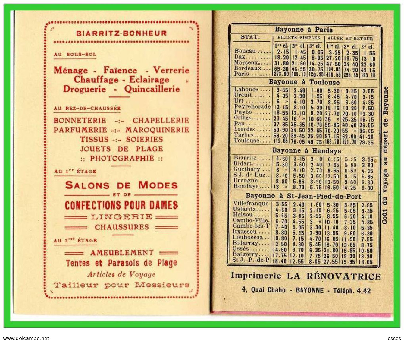 BIARRITZ-BONHEUR "Le Dépliant " Horaires" Service D'étè 1926..(rectos  Versos) - Europa