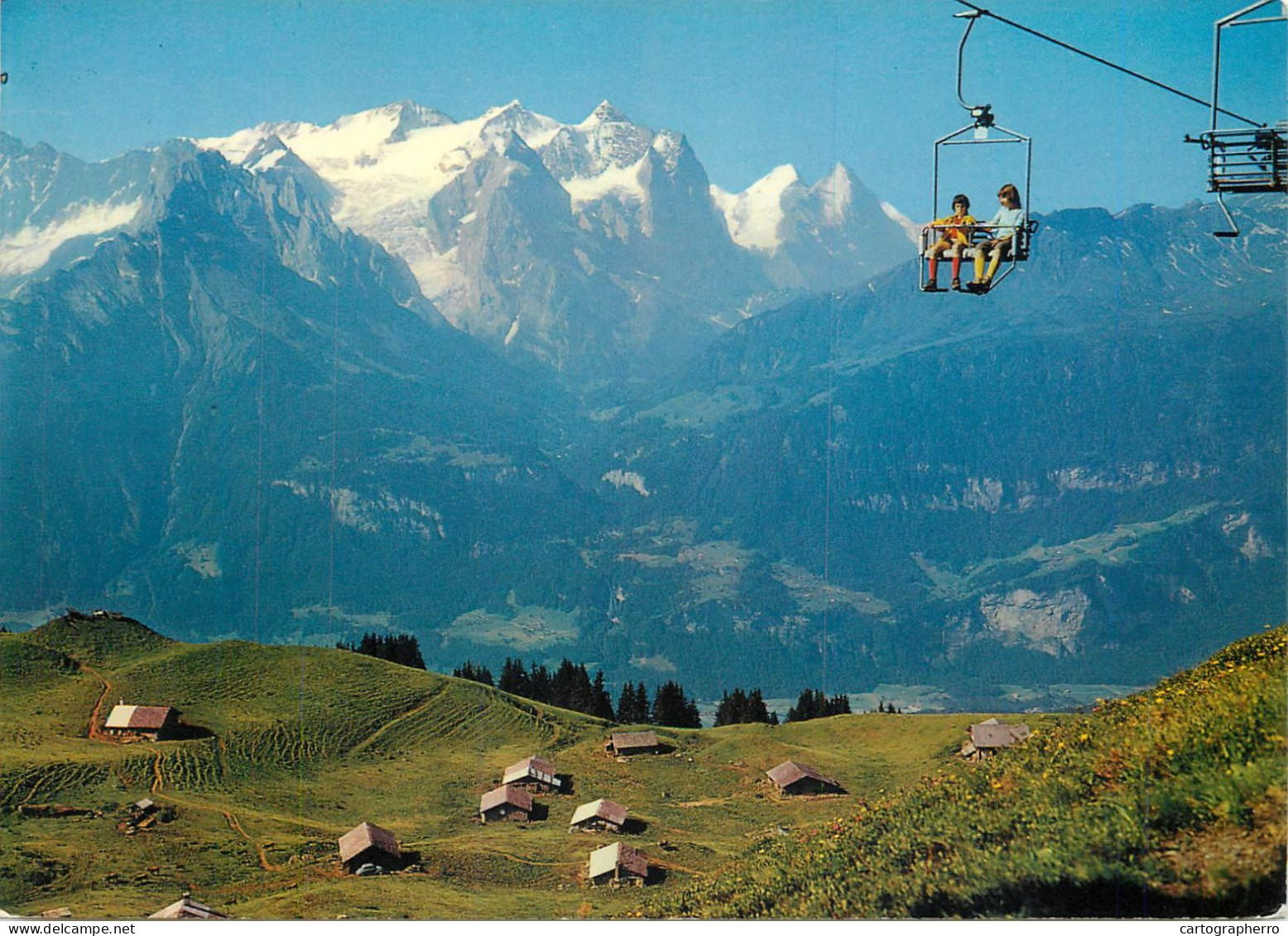 Switzerland Kaserstatt Hasliberg, Wetterhorngruppe Mit Eiger Und Monch Children On Cableway - Hasliberg