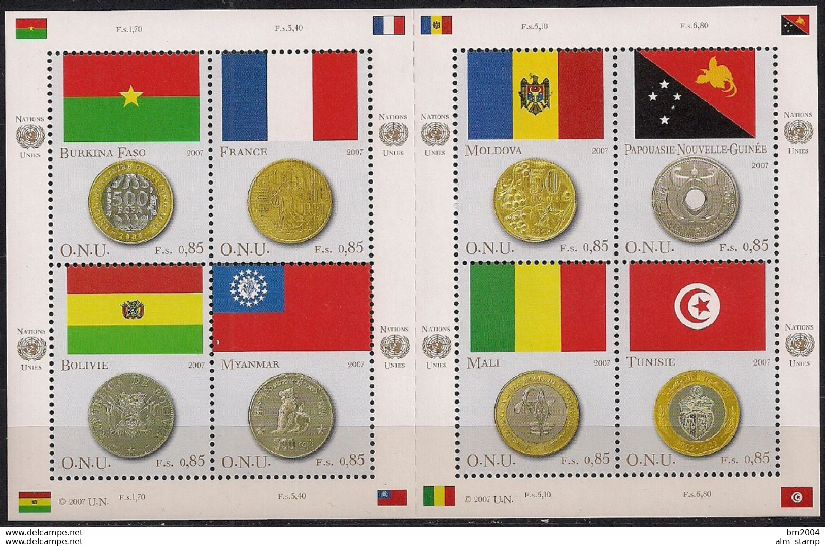 2007 UNO  Genf    Mi.  565-72 **MNH    Flaggen Und Münzen Der Mitgliedsstaaten - Blocs-feuillets