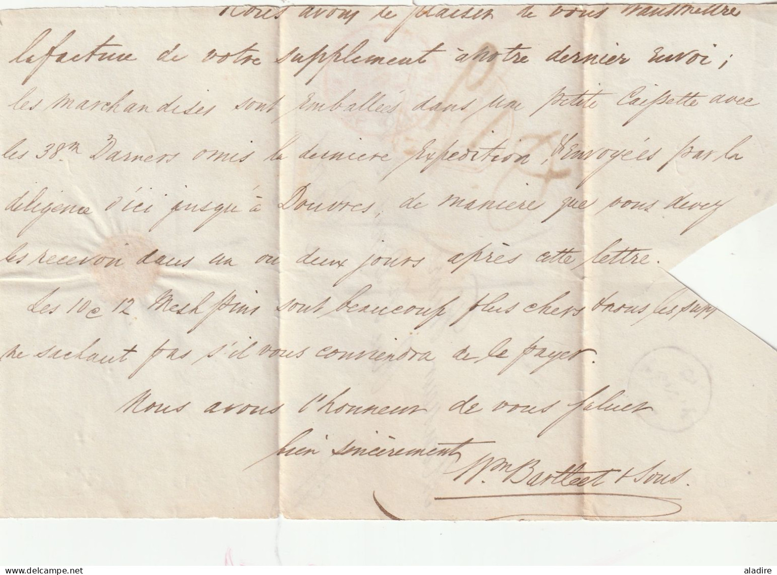 1834 - K WIV - portion de lettre pliée en français de Londres ? vers Paris - entrée par Calais - taxe 15