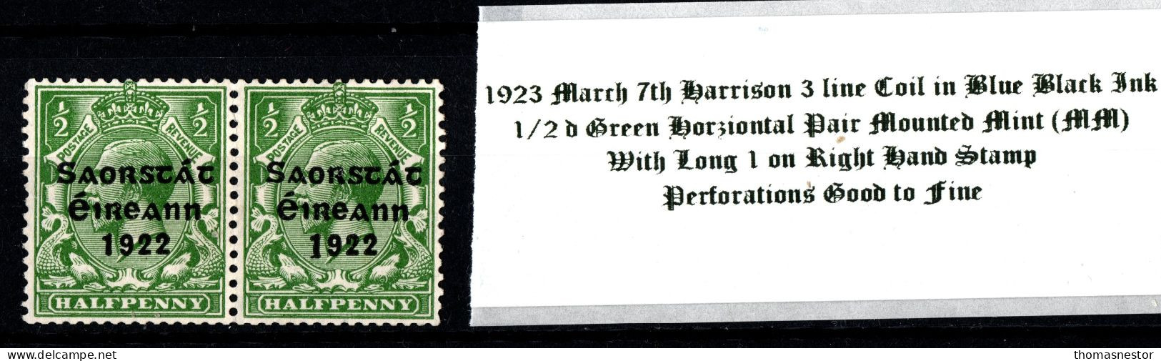 1923 March 7th Harrison 3 Line Coil In Blue Black Ink, 1/2 D Green Horziontal Pair With Long 1 On Right Hand Stamp (MM) - Ungebraucht