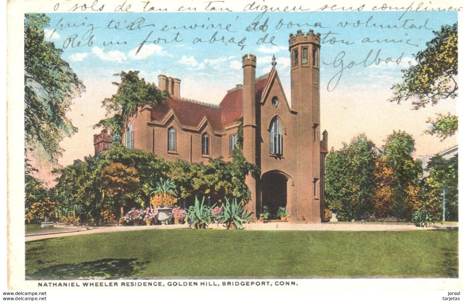 POSTAL   -BRIDGEPORT -CONNECTICUT -EE.UU. -RESIDENCIA DE NATHANIEL WHEELER COLINA DORADA - Bridgeport