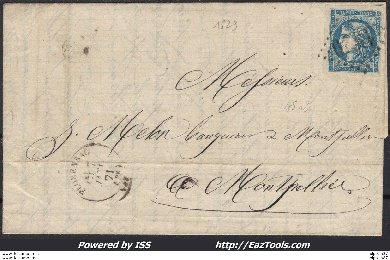 FRANCE N°45C SUR LETTRE GC 1529 FLORENSAC HERAULT + CAD DU 07/01/1871 - 1870 Ausgabe Bordeaux