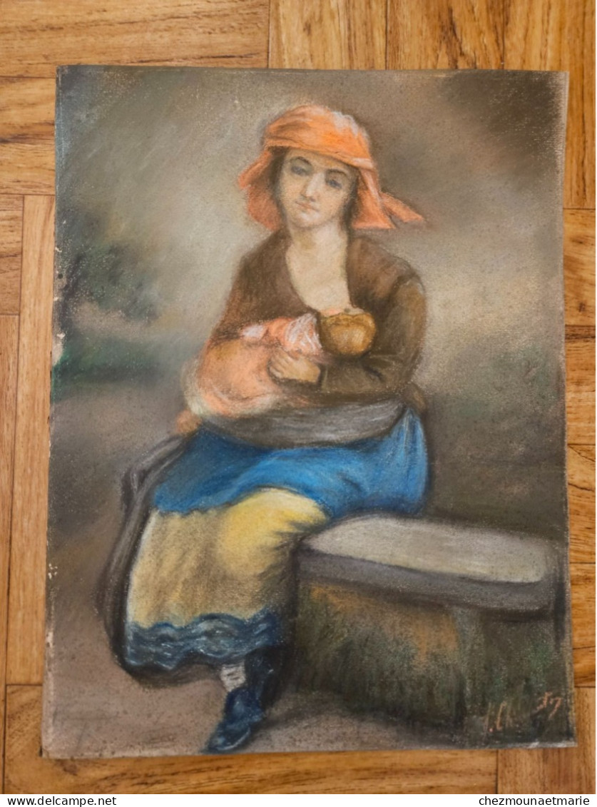 PASTEL SIGNE FEMME MERE ALLAITANT SON ENFANT TAILLE CADRE 39.5 X 31 CM - Pastels