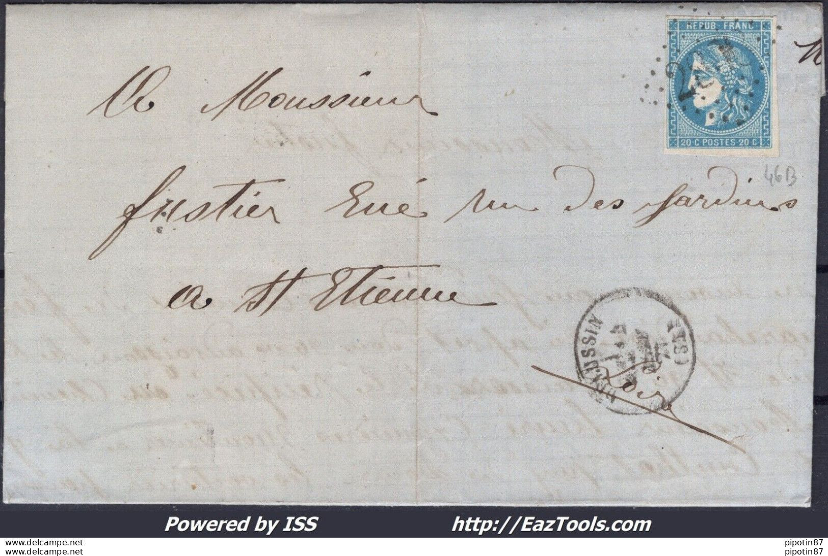 FRANCE N°46B SUR LETTRE GC 2808 PÉLUSSIN LOIRE + CAD TYPE 16 DU 14/05/1871 - 1870 Ausgabe Bordeaux