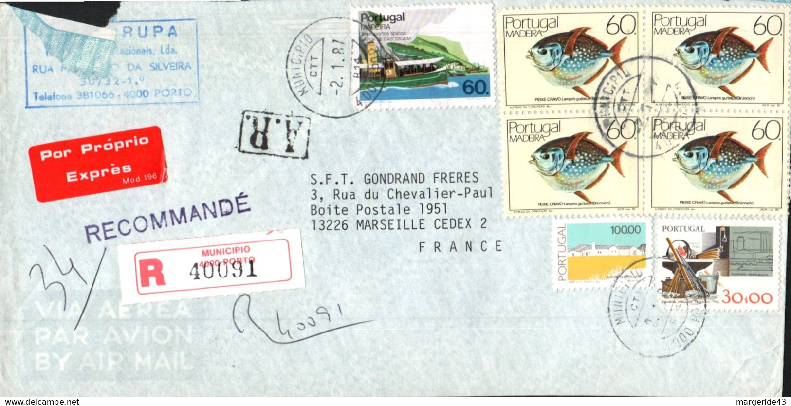 PORTUGAL  AFFRANCHISSEMENT COMPOSE SUR LETTRE AVION EXPRES RECOMMANDEE POUR LA FRANCE 1987 - Lettres & Documents