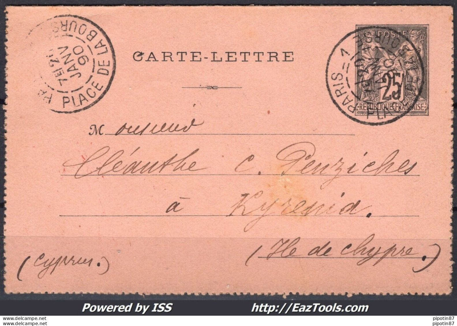 FRANCE CARTE LETTRE DEPART DE PARIS POUR CHYPRE DU 20/01/1890 CACHETS AU VERSO - 1876-1898 Sage (Type II)