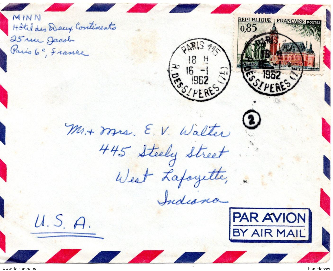 70868 - Frankreich - 1962 - 0,85F Calais EF A LpBf PARIS -> West Lafayette, IN (USA) - Lettres & Documents
