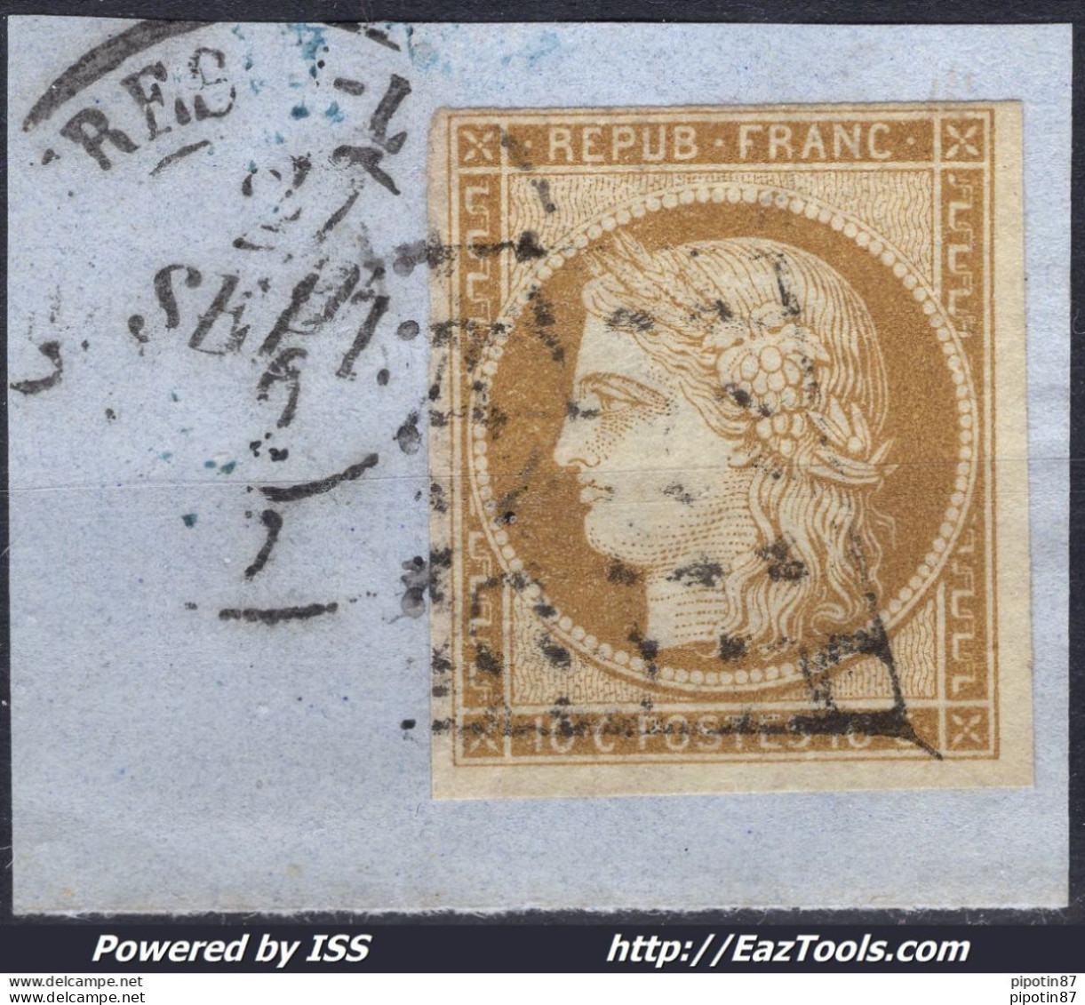 FRANCE CERES 10c BISTRE JAUNE N° 1 AVEC OBLITERATION GRILLE + CAD SUR FRAGMENT - 1849-1850 Ceres