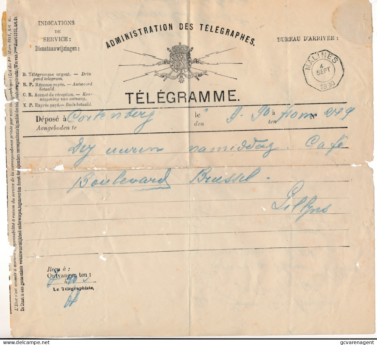 TELEGRAM  CORTEBERG A MALINES 1890    2 SCANS - Telegrams