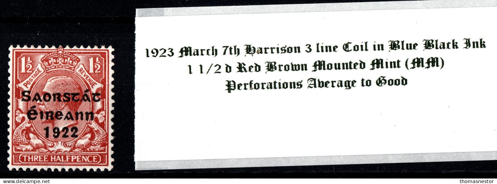 1923 March 7th Harrison 3 Line Coil In Blue Black Ink, 1 1/2 D Red Brown Mounted Mint (MM) - Unused Stamps