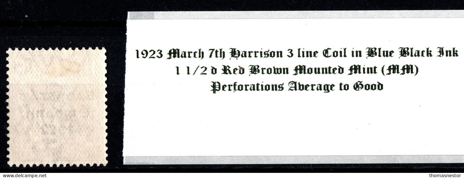 1923 March 7th Harrison 3 Line Coil In Blue Black Ink, 1 1/2 D Red Brown Mounted Mint (MM) - Ungebraucht