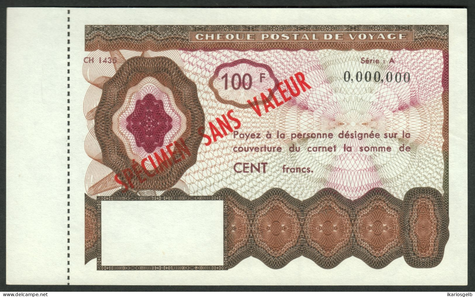 Cheque Postal De Voyage ( Reisescheck Traveller Check ) France 100 Fr Specimen - Fictifs & Spécimens