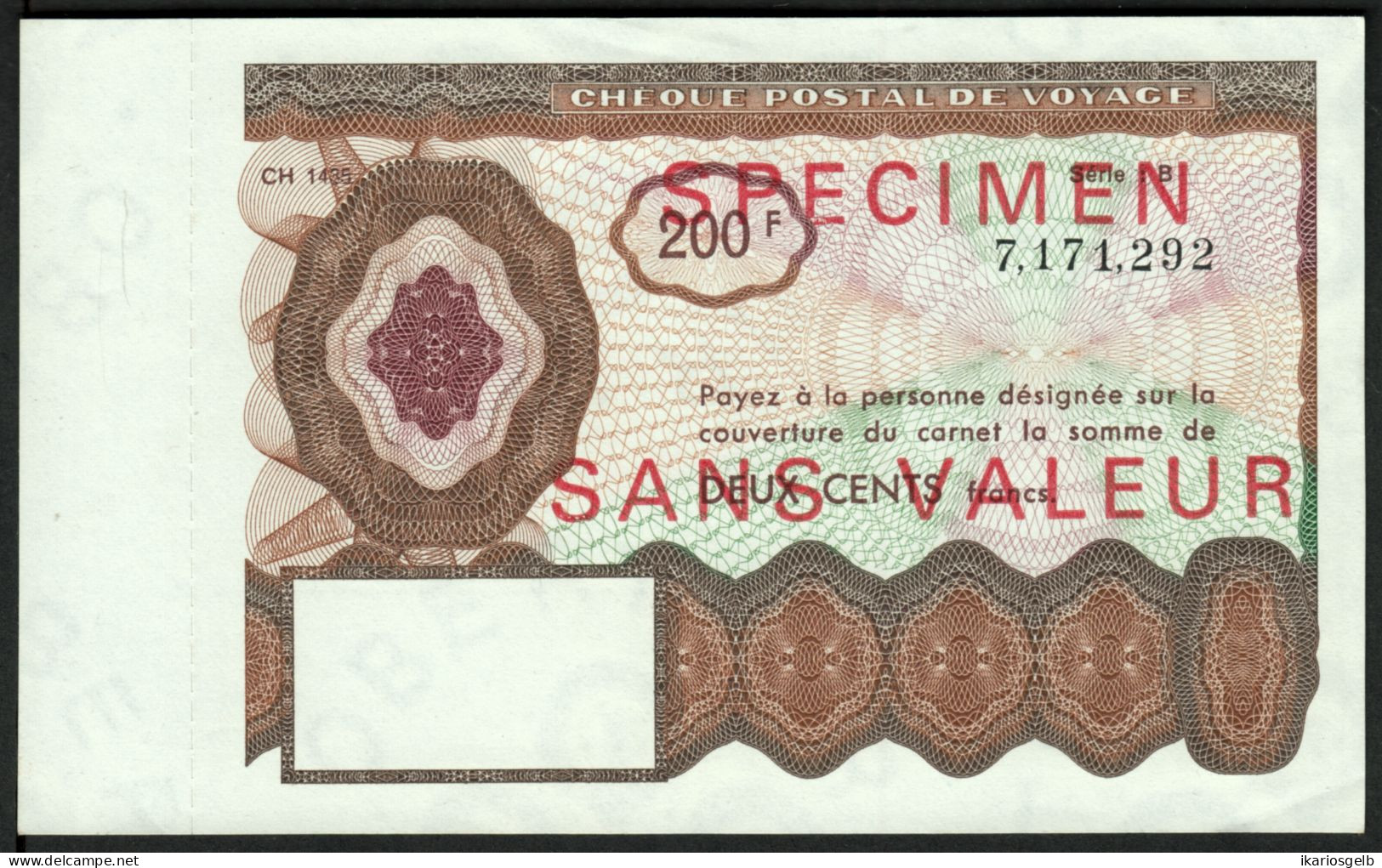 Cheque Postal De Voyage ( Reisescheck Traveller Check ) France 200 Fr Specimen - Specimen