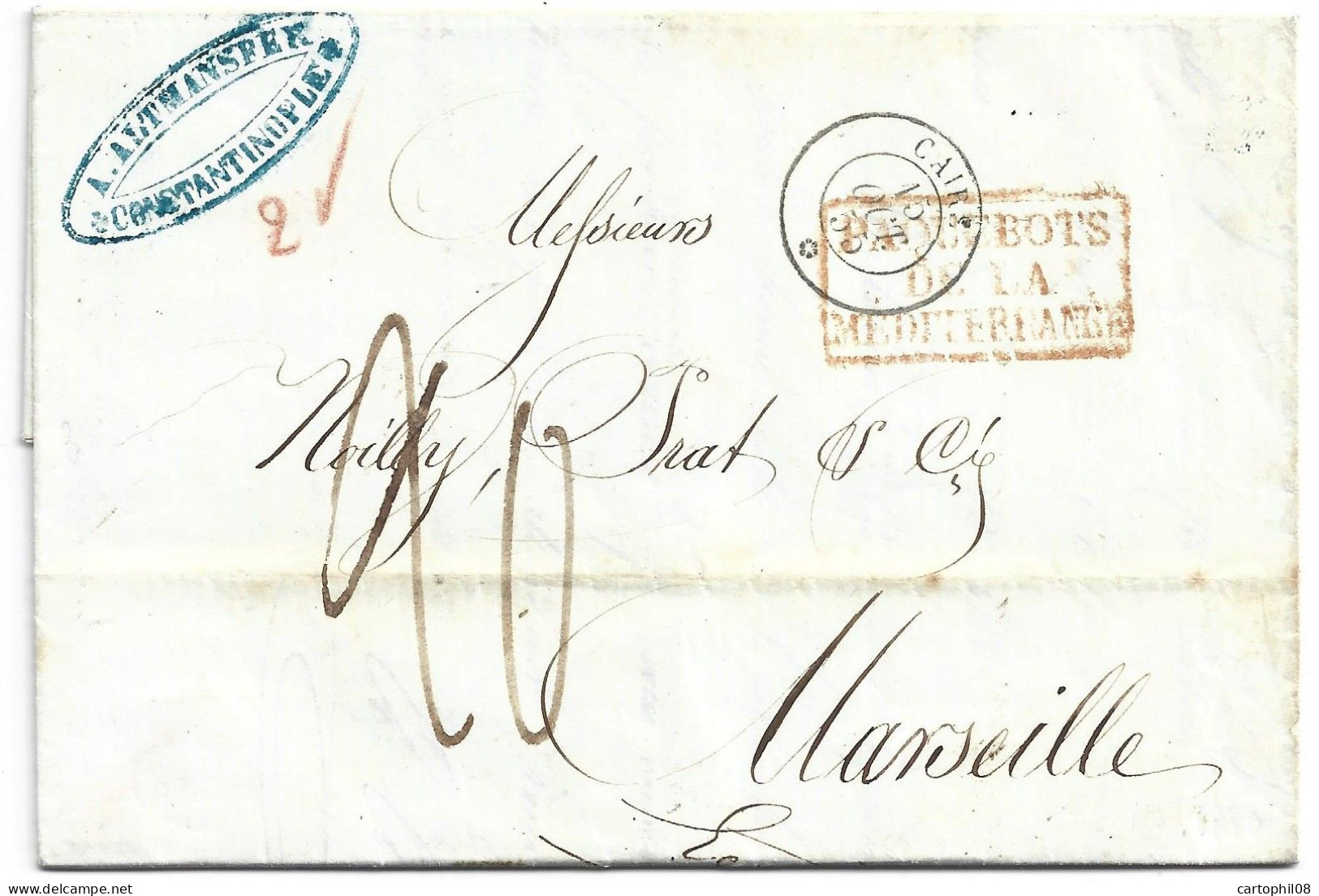 1855 TURKEY FRANCE LEVANT CONSTANTINOPLE MARSEILLE  SHIP MAIL CACHET MARITIME PAQUEBOTS DE LA MEDITERRANEE VAPEUR CAIRE - ...-1858 Vorphilatelie
