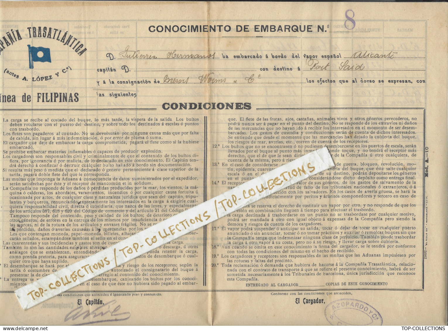 NAVIGATION 1915 ENTETE PAVILLON HOUSEFLAG BILL OFLADING Compania  Trasatlantica Cadiz V.HISTORIQUE - Espagne