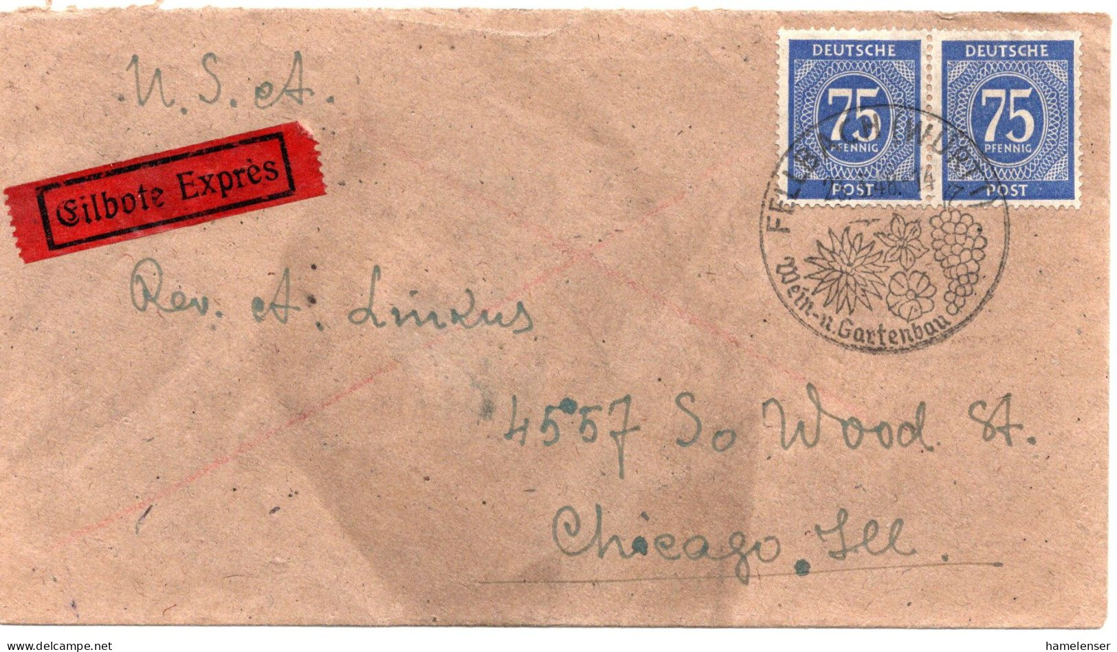 70971 - Alliierte Besetzung - 1948 - 2@75Pfg Ziffer A EilBf (etw Fleckig) FELLBACH -> CHICAGO, ILL (USA) - Cartas & Documentos